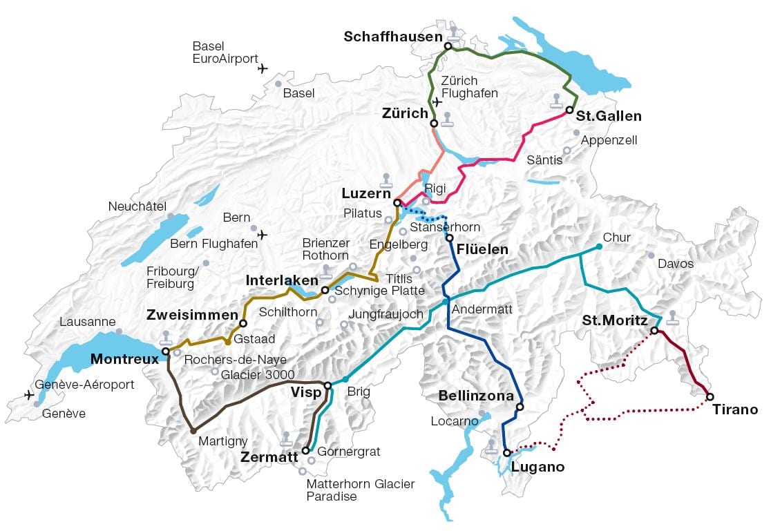 a suíça de trem mapa de rotas